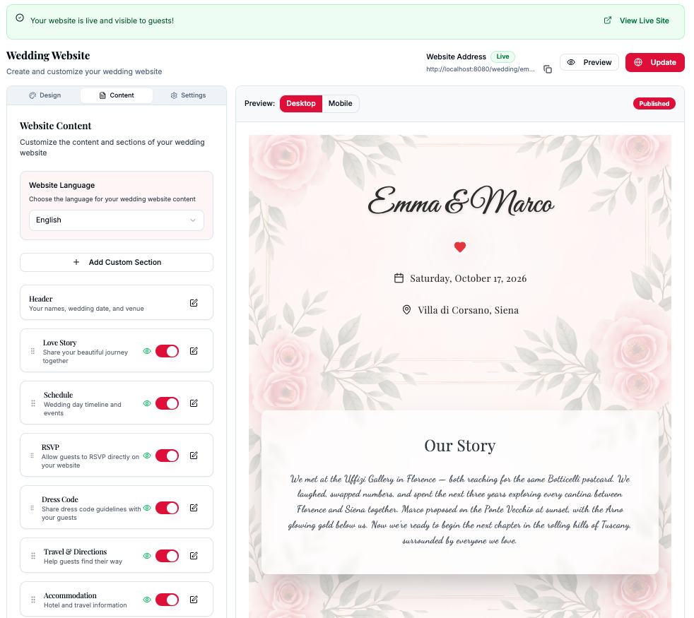 Public-facing wedding website showing couple names, countdown and schedule